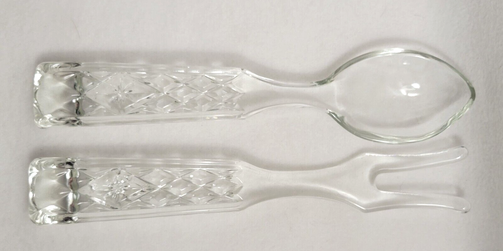 Anchor Hocking Wexford Pattern Glass Fork & Spoon Salad Serving Set MCM