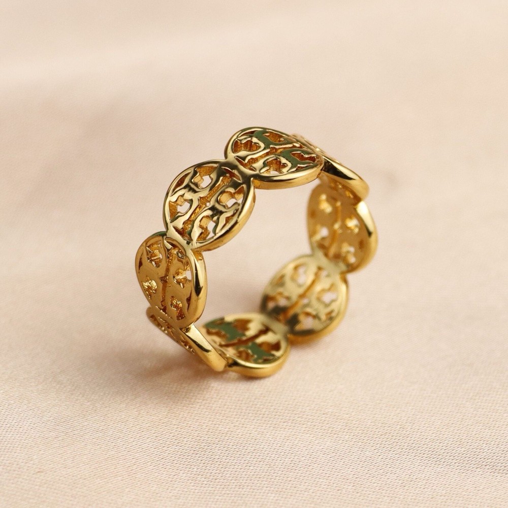 Tory Burch Lady Ring Gold Color Classic Logo Double T Size7 Elegant