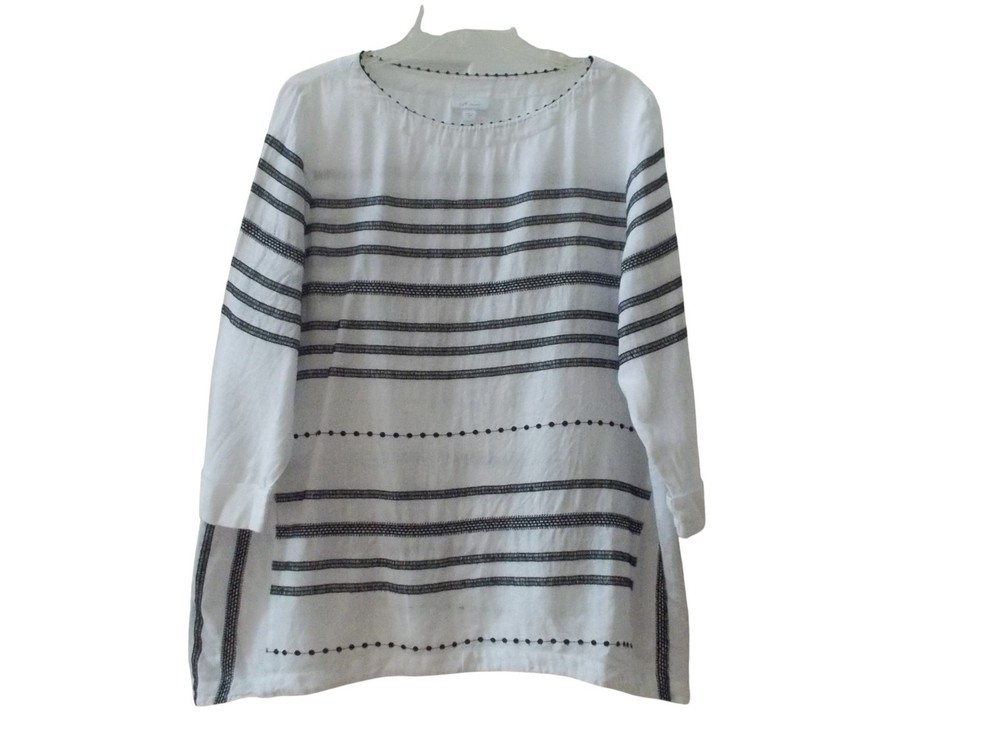 J JILL 100% Linen White w/ Black 3/4 Sleeve Tunic Top Shirt Sz L