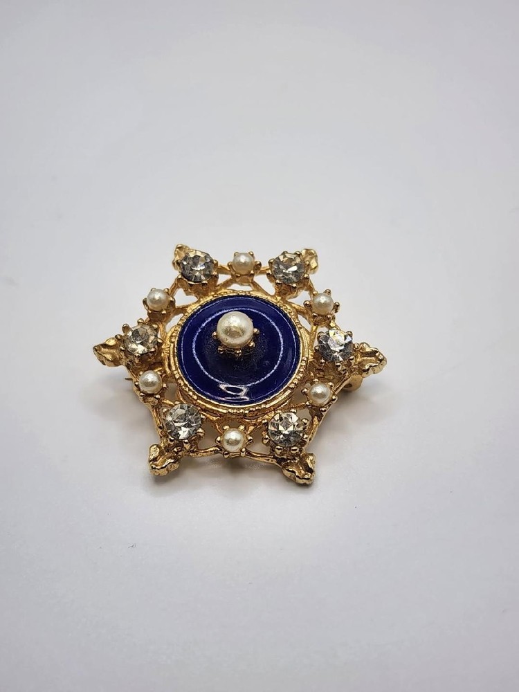 Vtg Starburst Brooch Blue Enamel Dome. Accented Faux Pearls Rhinestones.
