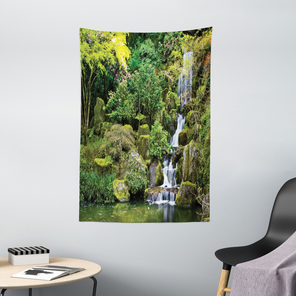 Asian Tapestry Trees Foliage Rock Garden Print Wall Hanging Decor
