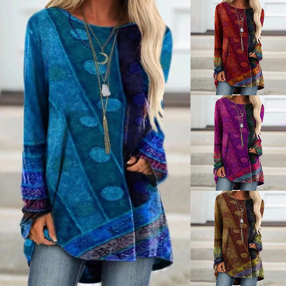 Womens Floral Long Sleeve Tunic Tops Baggy Casual Loose Pullover Jumper Blouse