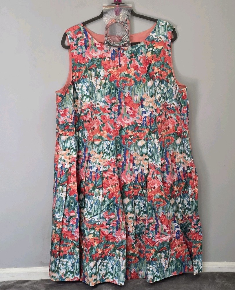 Talbots Women's Floral Watercolor Belted Pleated Sleeveless Dress, Size 22Wp