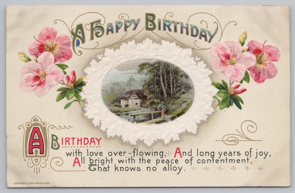 Greetings~A Happy Birthday~Pink Flowers & Bridge Scene~Embossed~Vintage Postcard