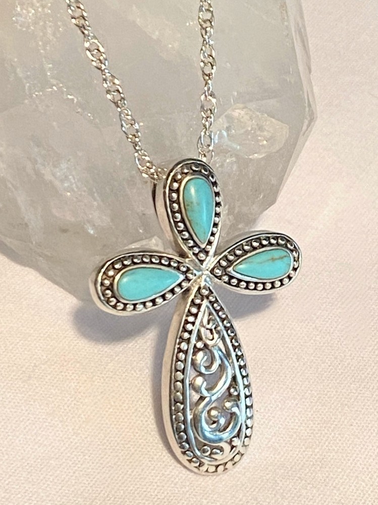 Pretty Sterling Silver 925 & Turquoise Stone CROSS & 18” Rope Chain Necklace
