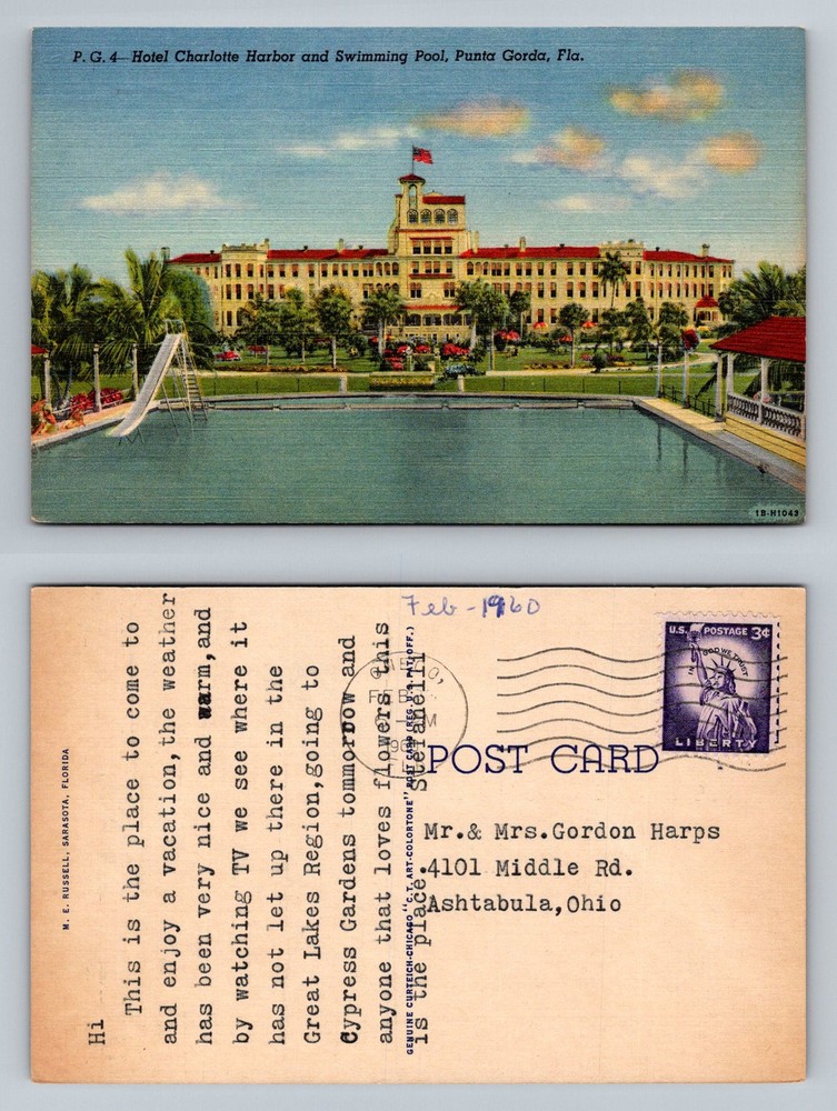 Punta Gorda, FL-Florida, Hotel Charlotte Harbor Pool Vintage c1960 Postcard