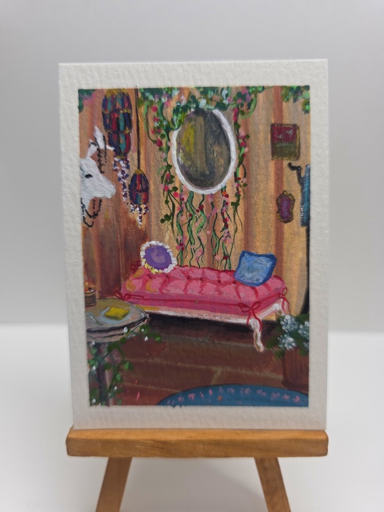 Original ACEO Cozy Cottage Interior Painting OOAK Reading Nook Mini Art Card