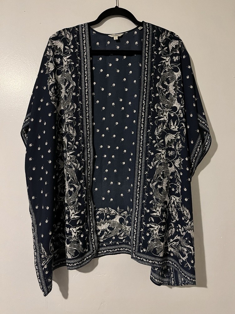 Max Studio Woman’s Kimono Shall Open Front Blue Floral BOHO Summer Resort Sz SM