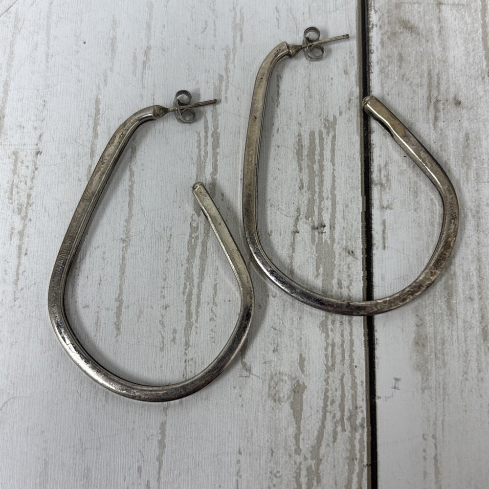 Vintage 925 Sterling Silver Minimalist Smooth Organic Oval Hoop Post Earrings