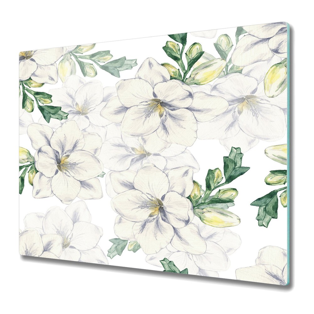 Serving Chopping Board Glass Cover Worktop Saver Freesia Flowers Leaves 60x52