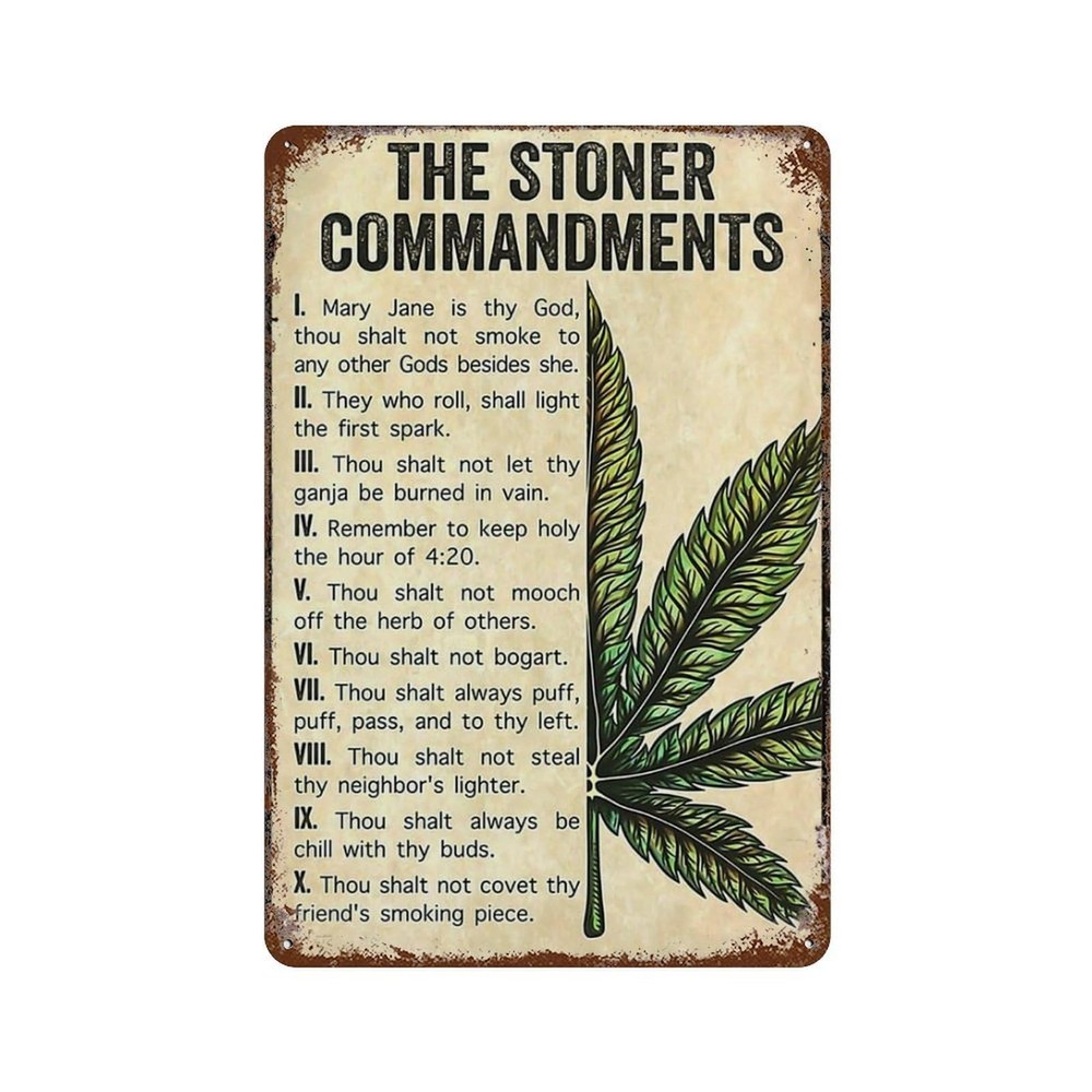 Vintage Tin Sign Weed The Stoner Commandments Metal Tin Sign Wall Art Decor F...