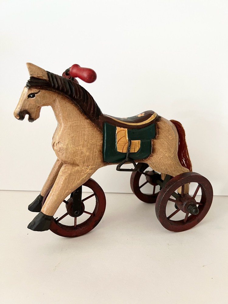 Vintage Wooden & Metal hand carved Horse Folk Art Horse Tricycle Saddle Stirrup