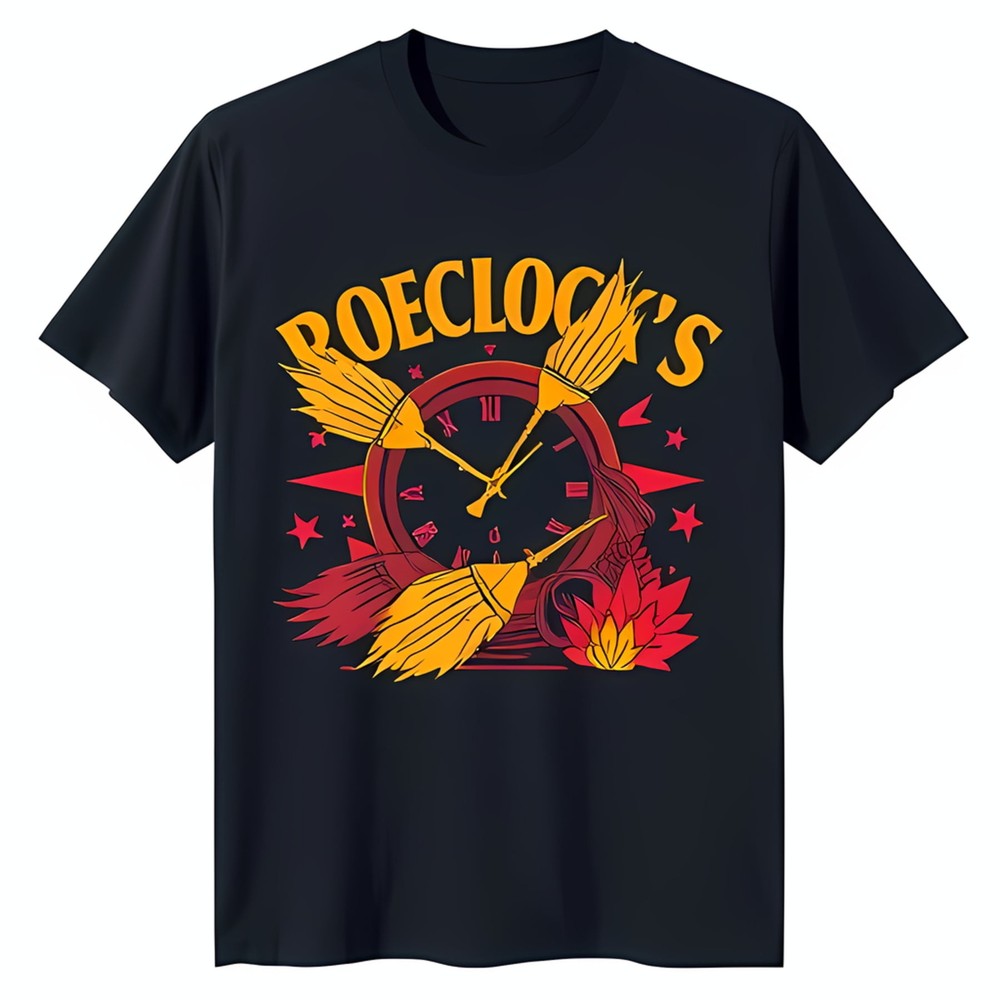 Stylish Black T-Shirt with Vibrant Clock & Broomsticks Graphic Design