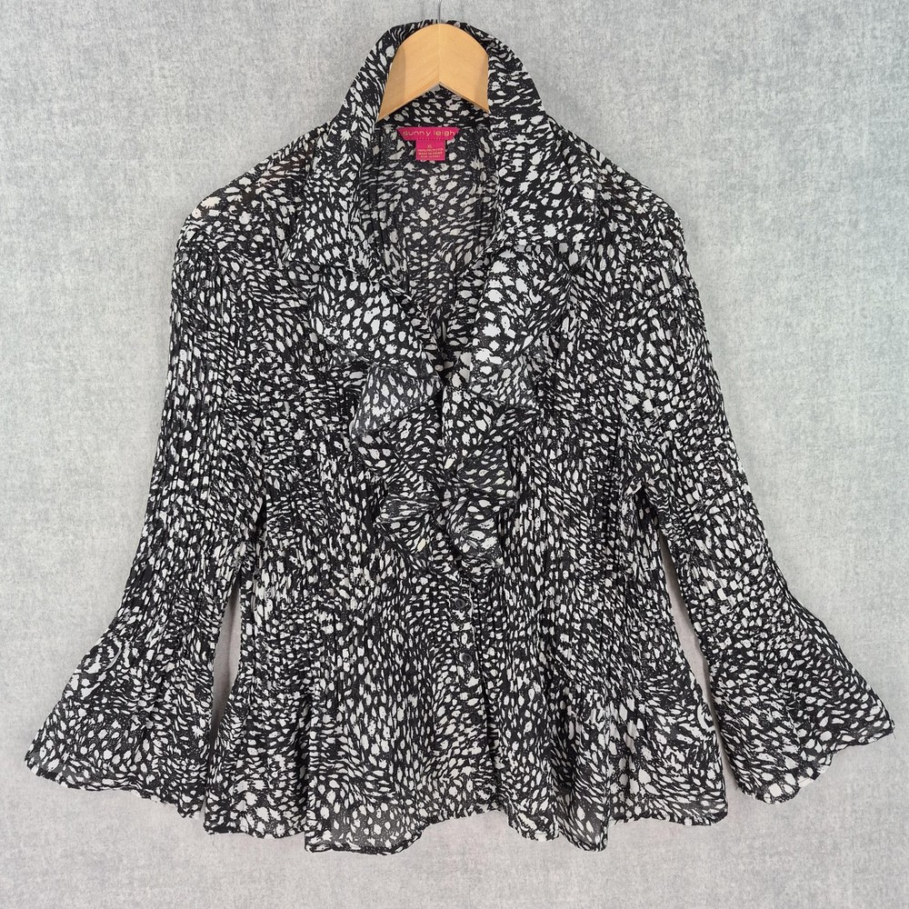 Sunny Leigh Blouse XL Black Animal Print Pleated Ruffle Bell Sleeve Chiffon Top