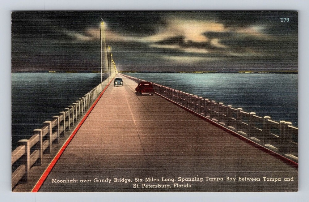 St Petersburg FL-Florida, Moonlight Over Gandy Bridge, Antique Vintage Postcard