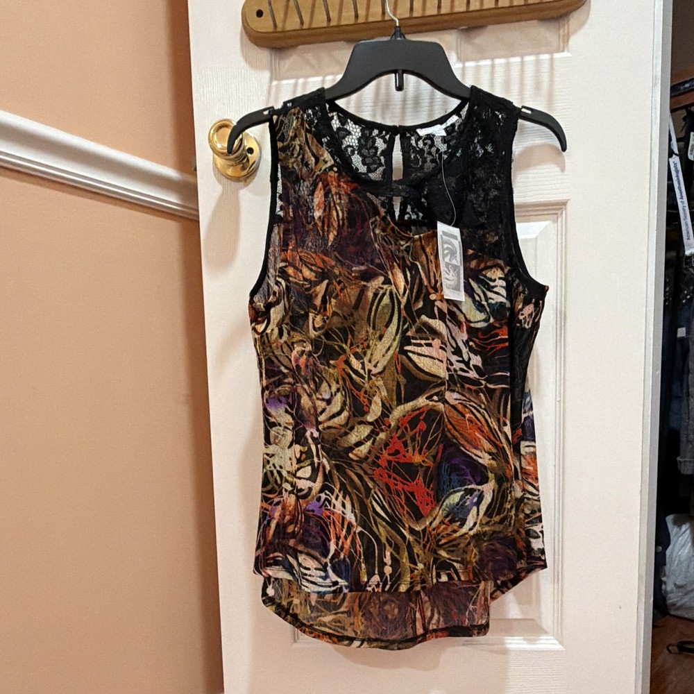 Alberto Makali Women’s Tank Top Size L Multicolor Abstract Lace Yoke Scoop Neck