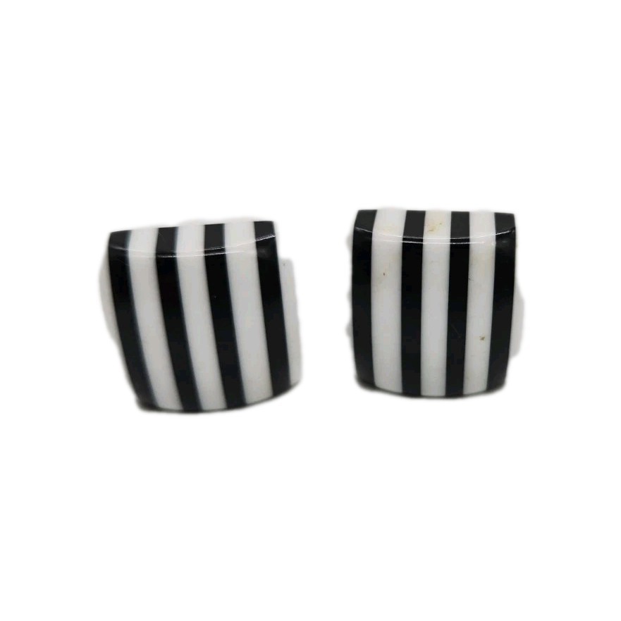 Vintage Clip On Earrings Striped Black White Acrylic Gold Tone Chunky 1980s