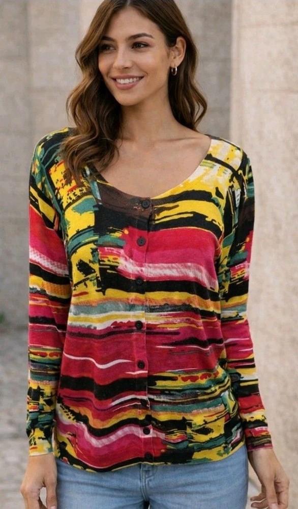 Joseph A Sweater Cardigan Size M Button 3/4 Sleeve Floral Rayon