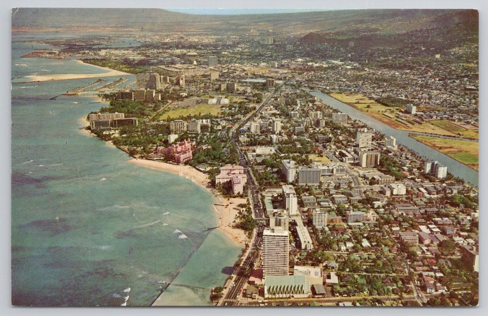 Waikiki Honolulu Hawaii Aerial View Mike Roberts Color Postcard Vintage