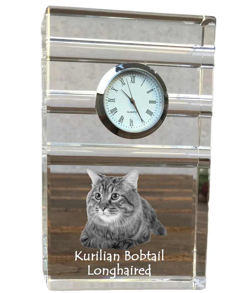 Kurilian Bobtail Longhair - Glass Clock with Photo, Cat Photo in Crystal, Person
