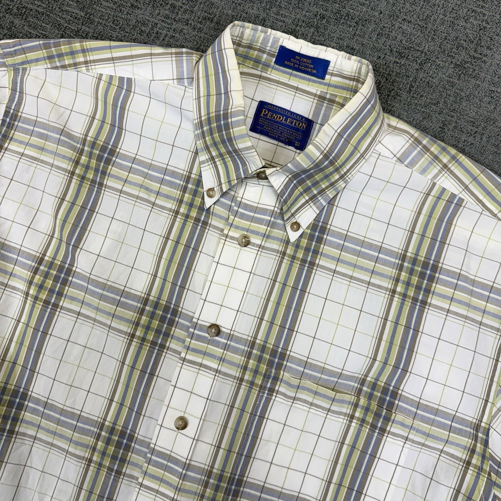 Pendleton Shirt Mens Large White Green Plaid Button Up Cotton Outdoors Top