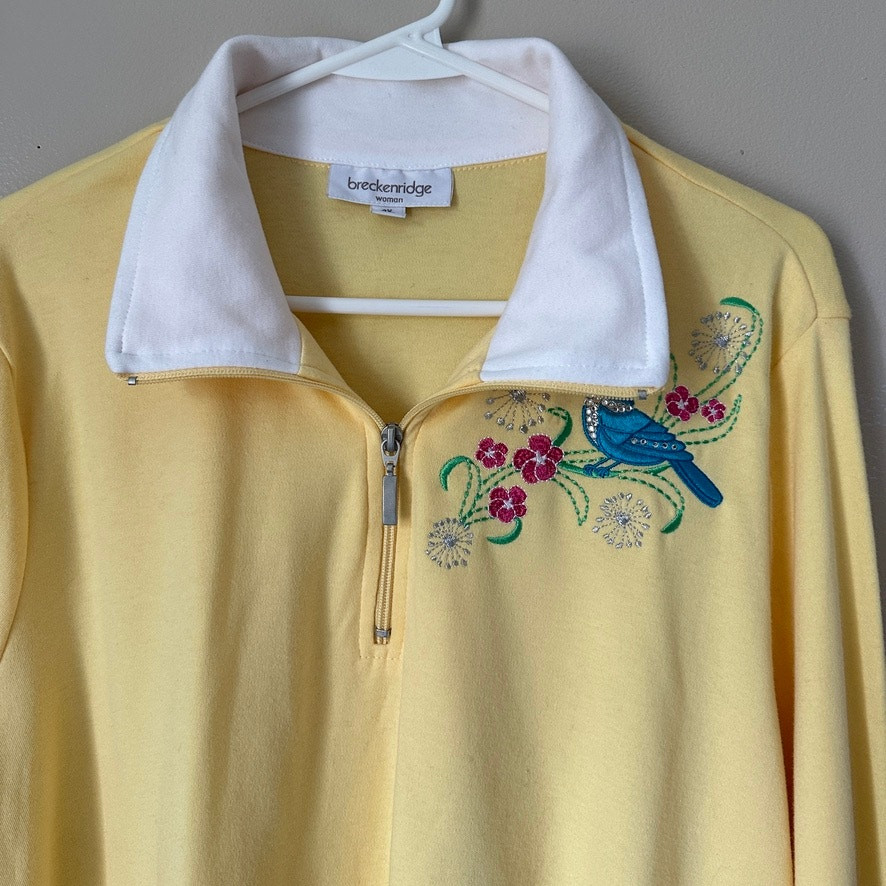 Breckenridge 1/4 Zip Pullover Top Plus 2X Embroidered Bird Floral Grandma Yellow
