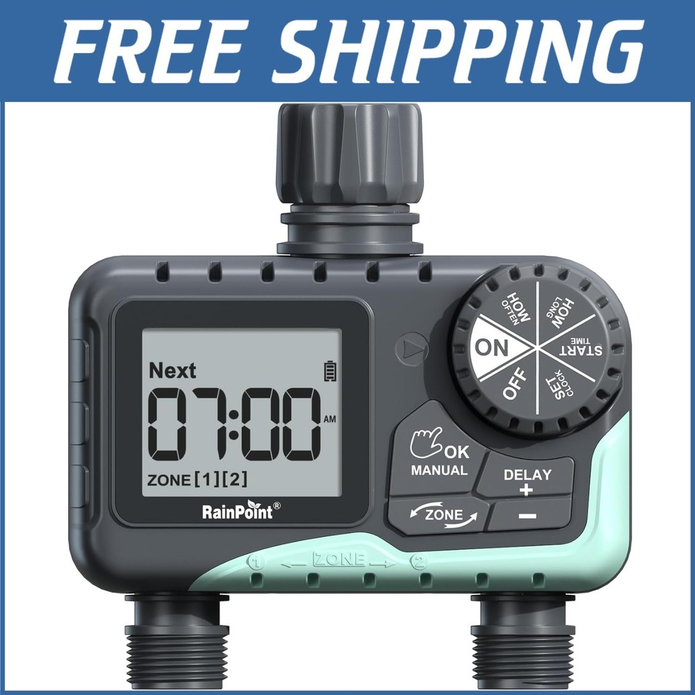 Automatic Irrigation Water Timer for Gardens - 2 Programmable Zones, LED Display