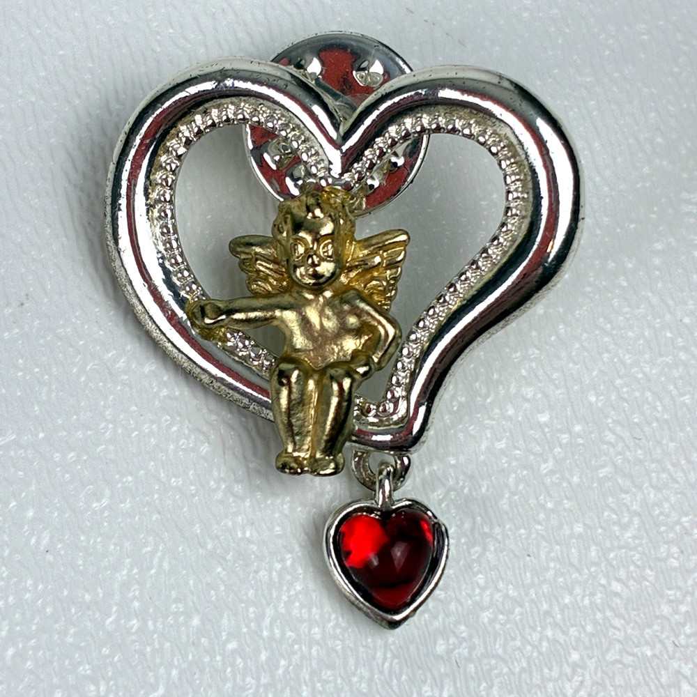 Avon Angel Heart Brooch Pin Red Rhinestone Dangle Signed