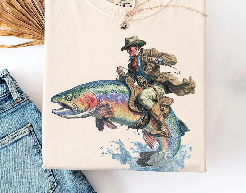 Cowboy Riding Rainbow Trout T-Shirt | Genuine | Cowboy Fishing shirt