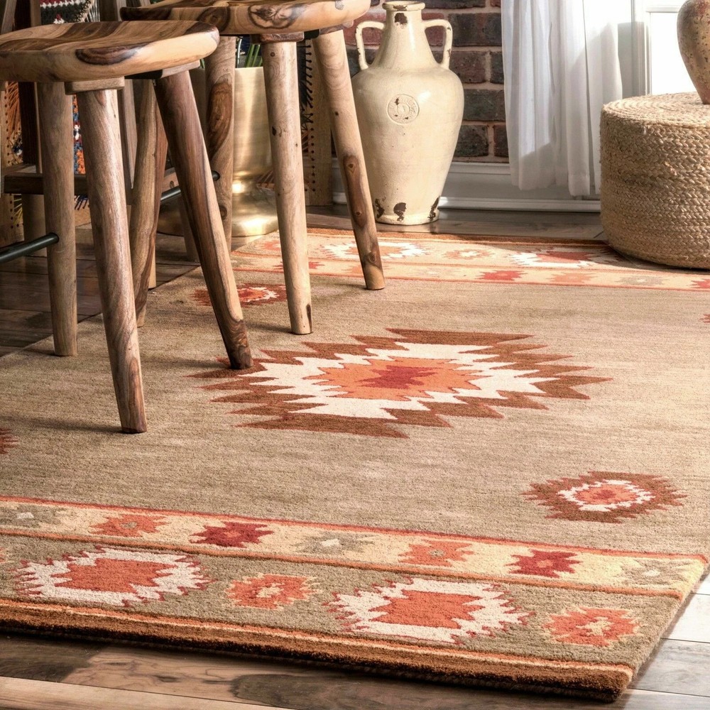 Hand Made Southwestern Wool Area Rug in Grey, Brown, Orange'