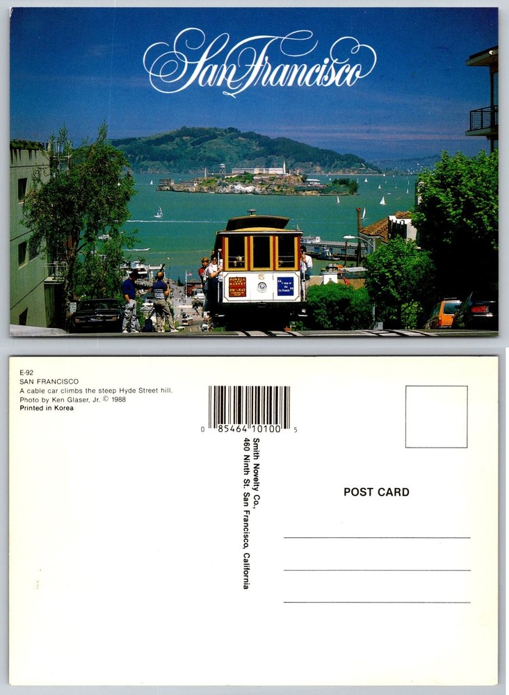 1988 San Francisco Cable Car Hyde St Hill Alcatraz Smith Novelty Postcard