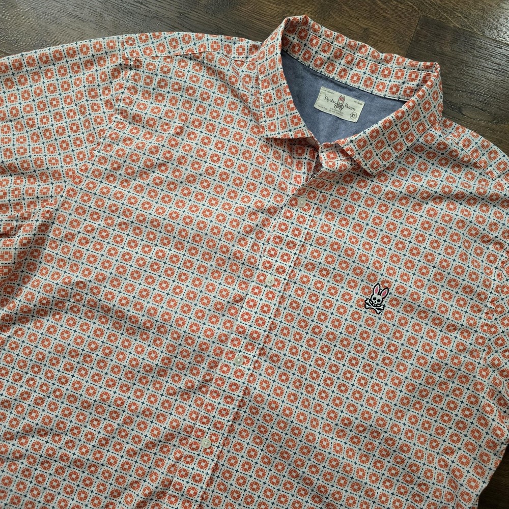 Psycho Bunny Shirt Mens XL Orange Geometric Pima Cotton Button Up Short Sleeve