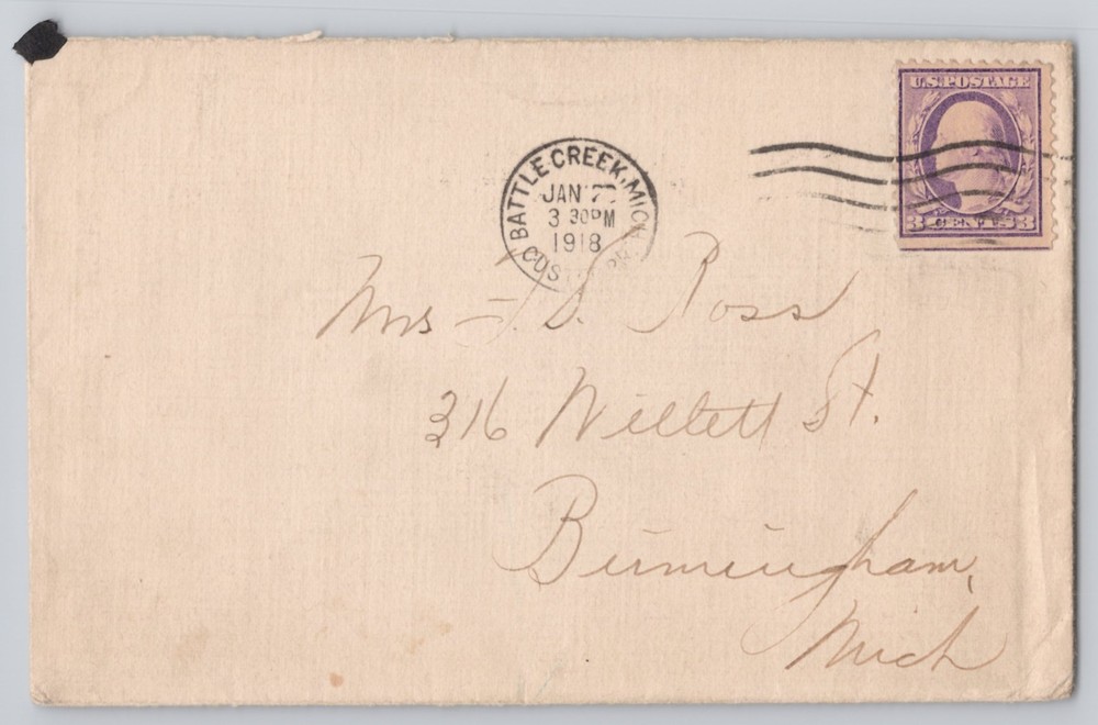 Battle Creek, Michigan, mailed address with 3c stamp, postal 1918