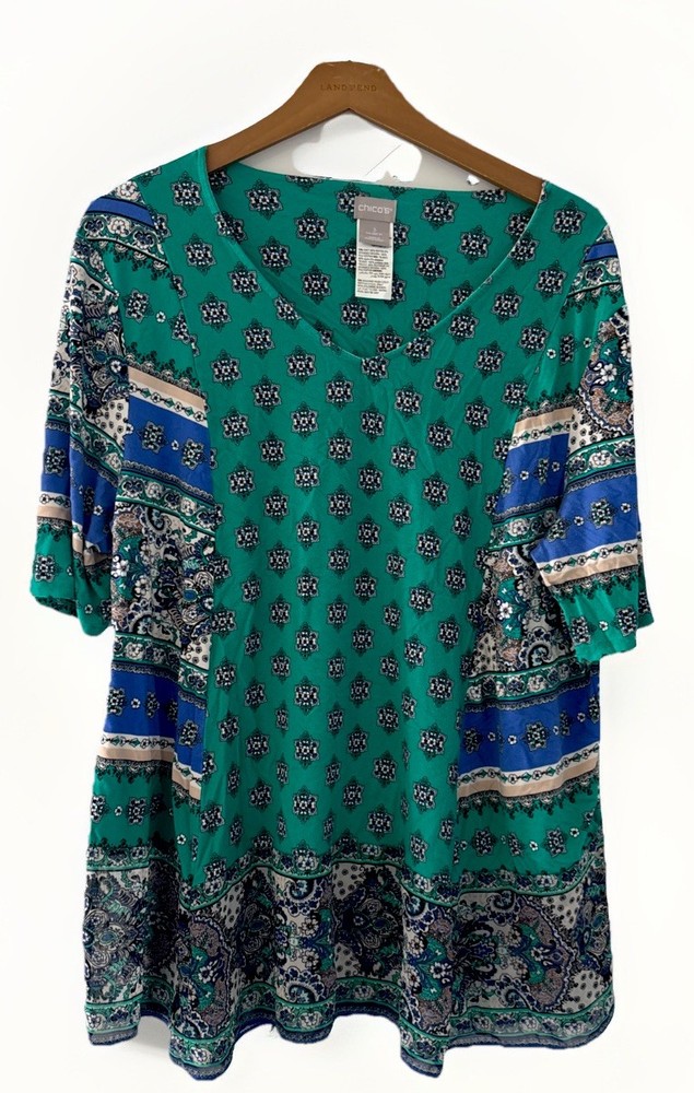 Chicos Tunic Top Blouse Size 3  XL Green Blue Paisley Patchwork Boho V-Neck