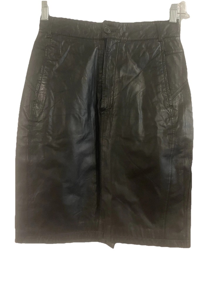 Vintage 90s Bermans Black Genuine Leather A-line Mini Skirt Size 10 (26x21)
