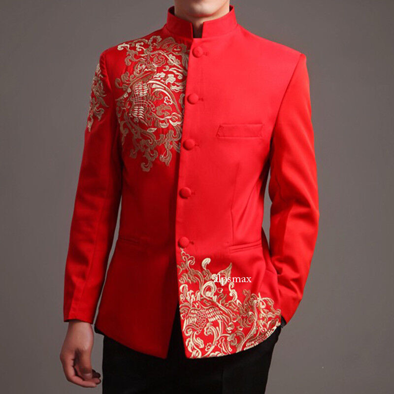 Men's Red Tang Suit Chinese Wedding Jacket with Embroidery