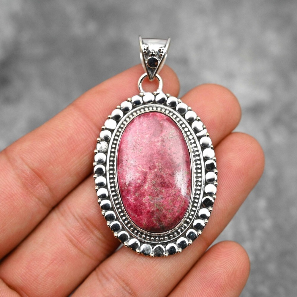 Natural Pink Thulite Gemstone Pendant Handmade Jewelry 925 Sterling Silver Gift