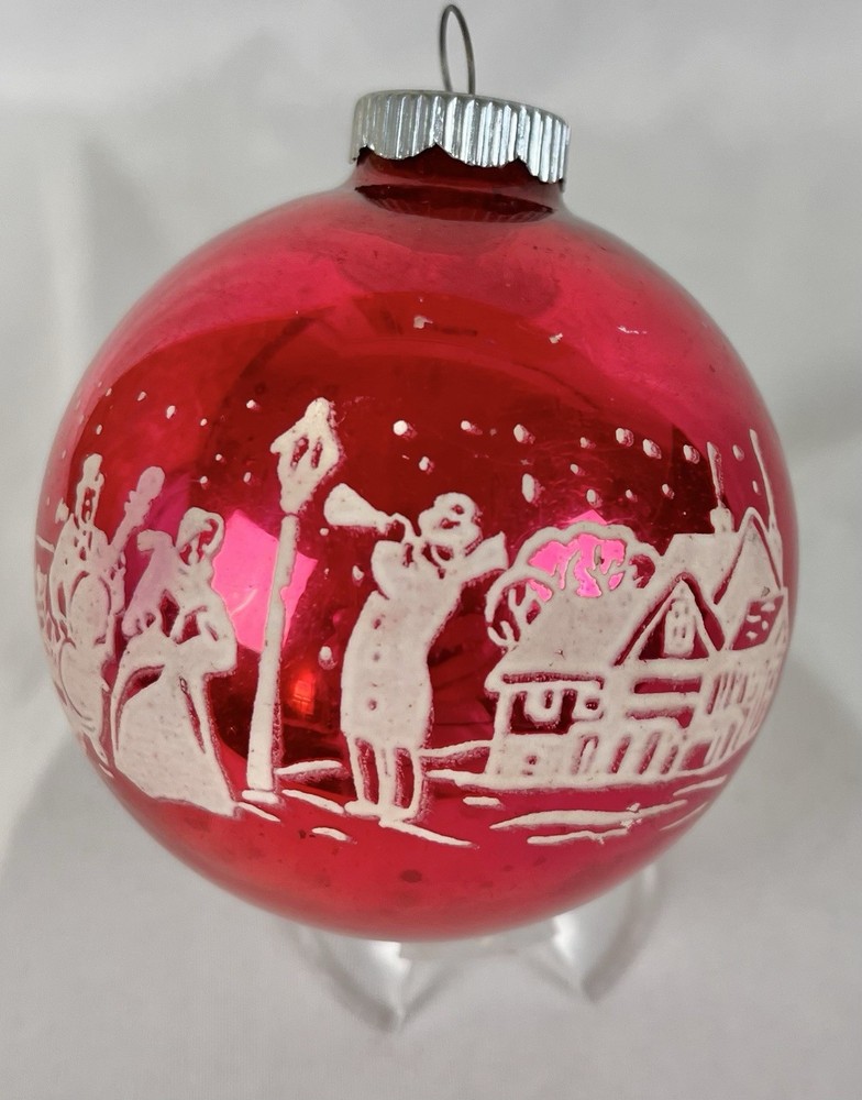 Shiny Brite Red Victorian Village Carollers Stencil Christmas Ornament 2.5”