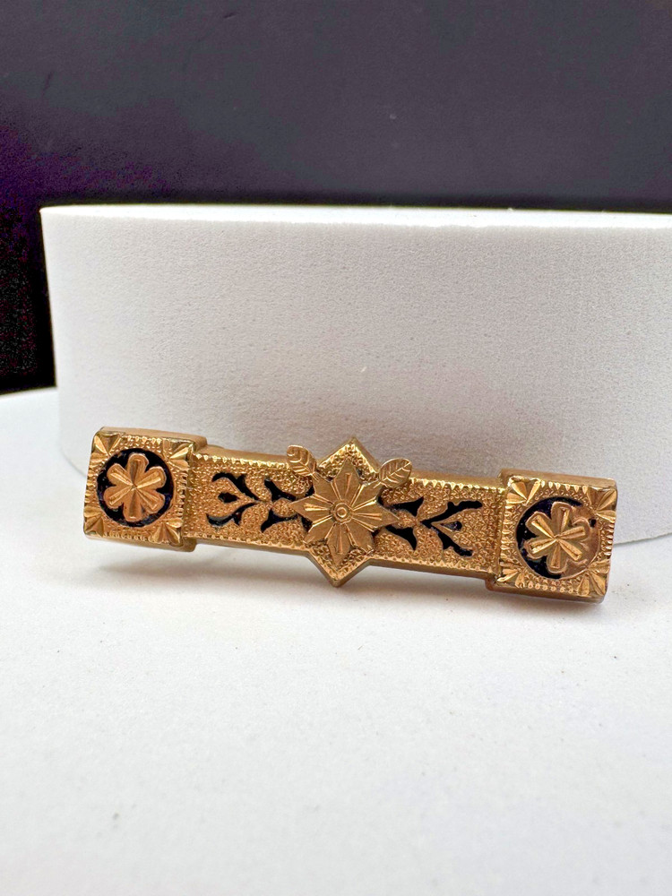 Antique Edwardian Taille D'Epargne Enamel Gold Filled Bar Brooch Pin Victorian