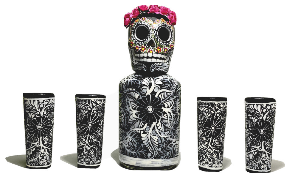Hand Painted Tequila Decanter Set (Frida Kahlo) with 4 Shot Glasses