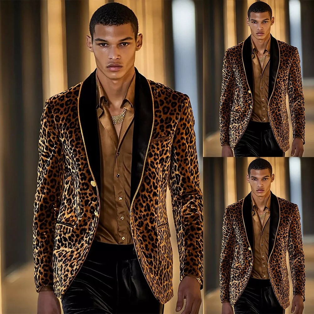 Leopard Print Men's Velvet Coat Shawl Lapel Single Breasted Button Party Jackets