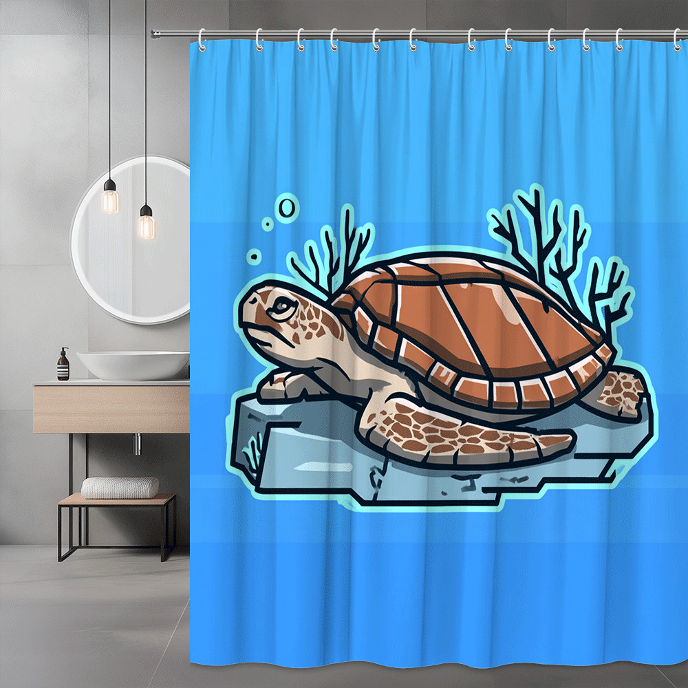 Sea Turtle Shower Curtain Cartoon Ocean Graphic Blue