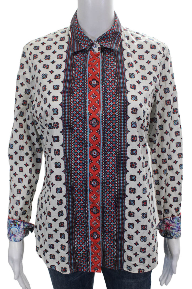 Robert Graham Women White Cotton Geometric Collared Button-Up Size LFree Shipping in US $100+ Orders | $6.95 Orders Below
