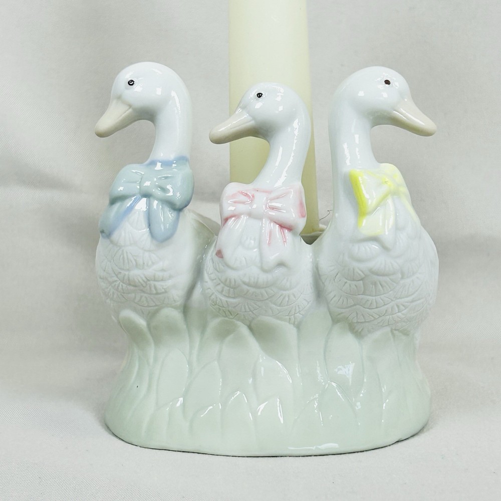 Vintage Otagiri Ceramic 3 Geese Candle Holder Pastel Bows Goose Figurine Japan