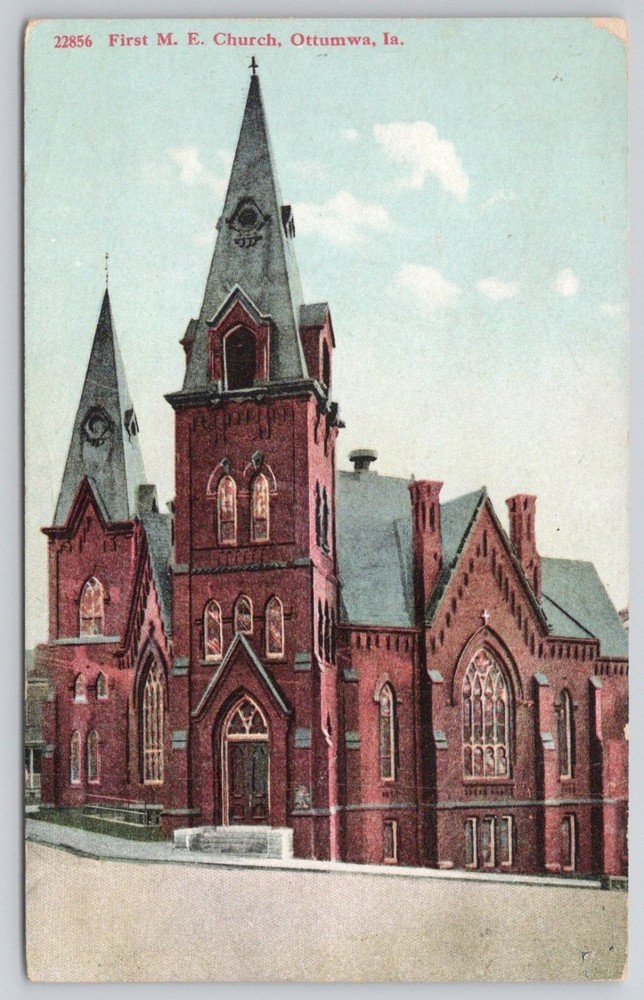 First M.E. Church Ottumwa Iowa Postcard c1910 Steeple Architecture