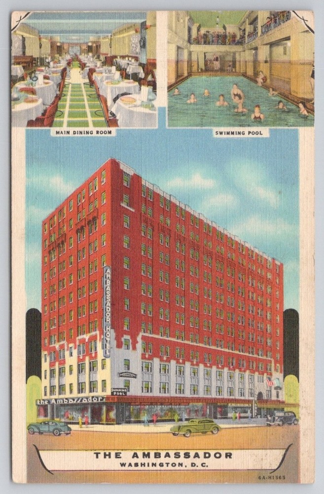 1947 Ambassador Hotel Washington DC Linen Postcard Main Dining Pool