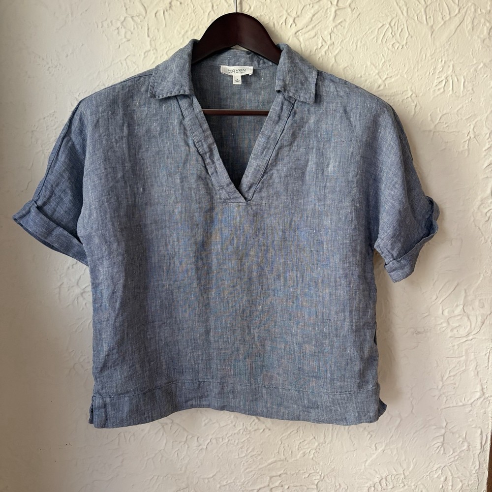 Haven Well Within Linen V-Neck Top 100% Linen Short Sleeve Collar Women's S