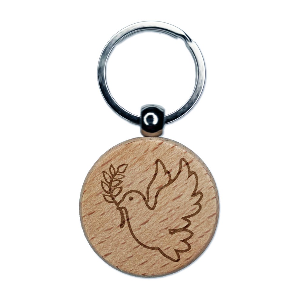 Peace Dove with Olive Branch Engraved Wood Round Keychain Tag Charm