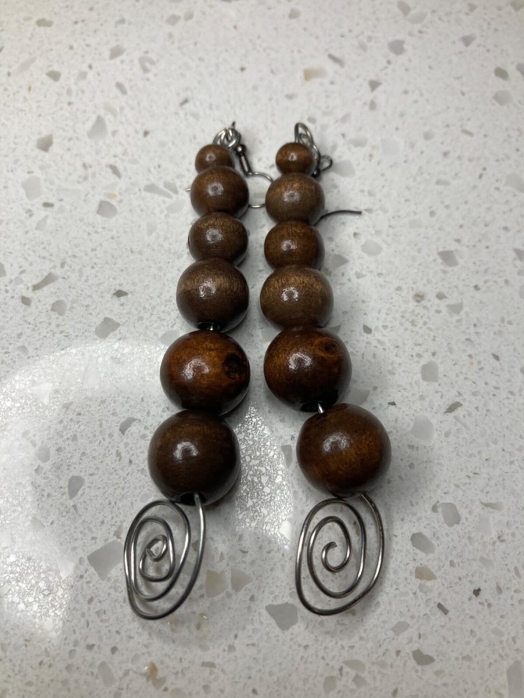 Silver wire wrapped dark wood bead drop earrings