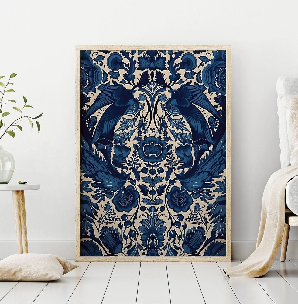 Vintage Indian Floral Print Indian Art Living Room Decor Blue Poster Indian